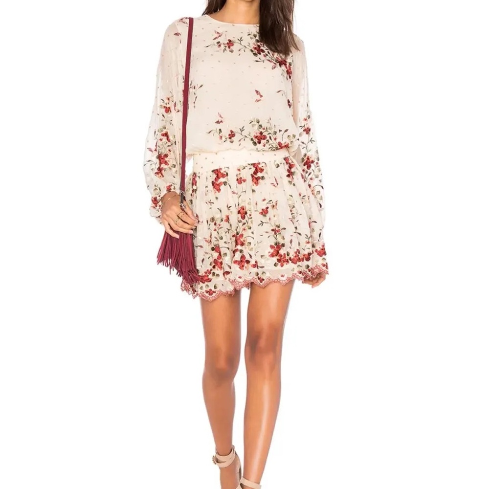 Zimmermann Cream Long-Sleeve Floral Mini Dress with Red Rose Print